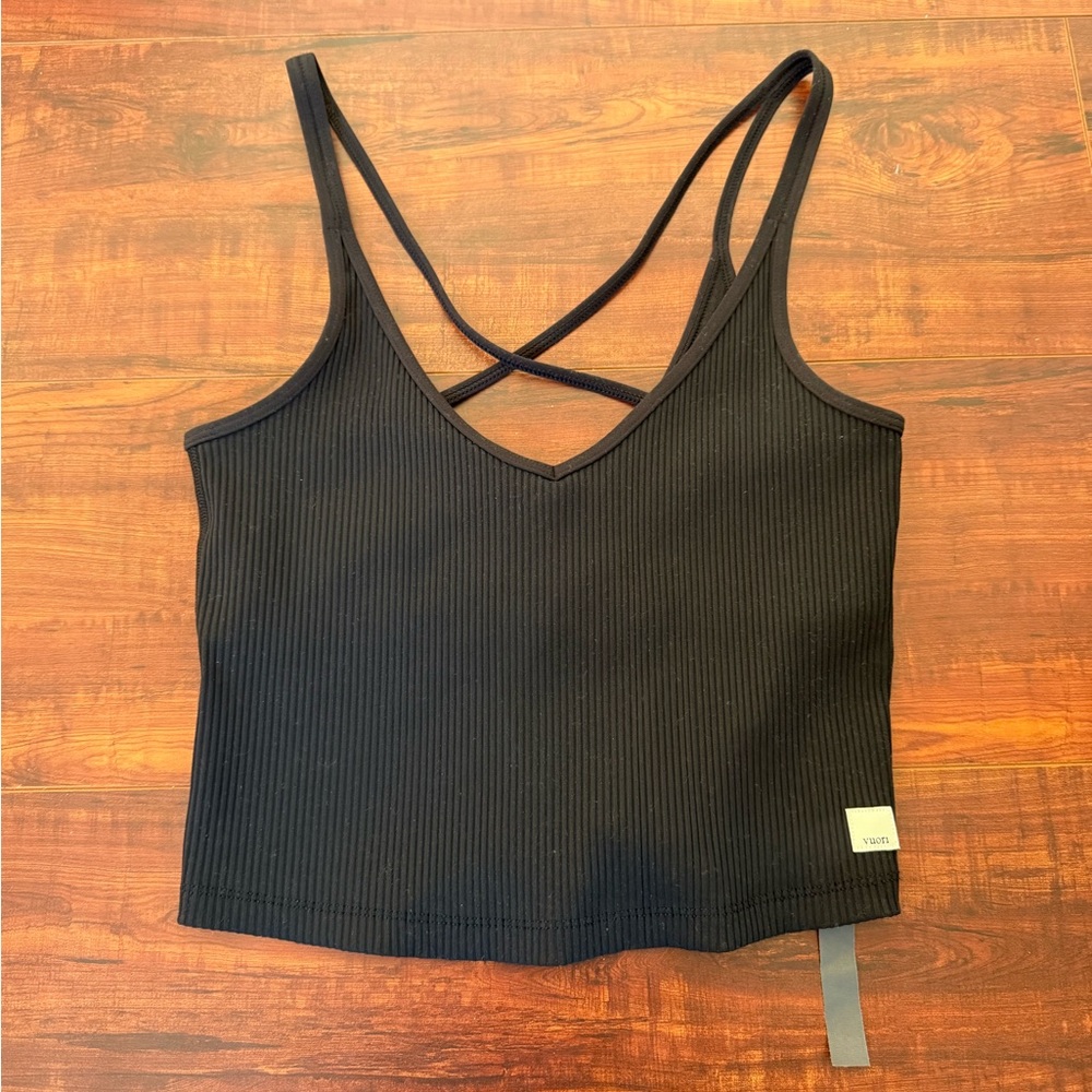 Vuori All The Feels Black Ribbed Crisscross Tank Top